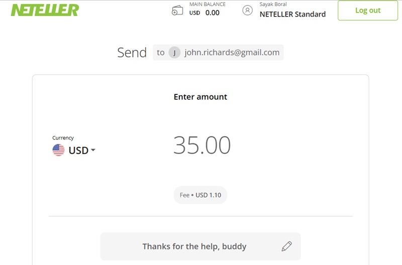 Sending money via Neteller dashboard.