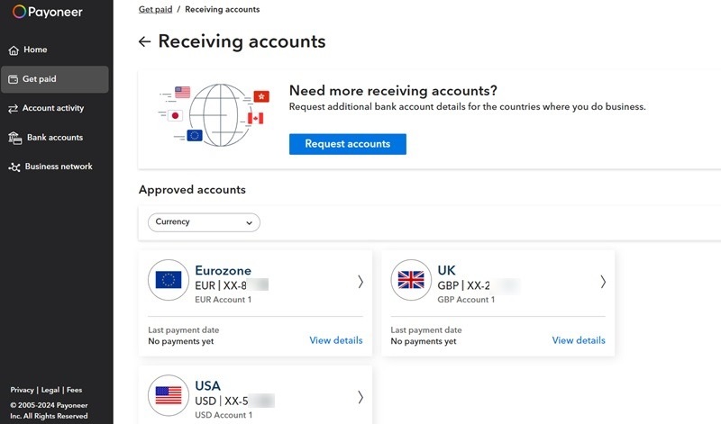 Multi-currency receiving accounts for Payoneer in USD, Euro, and British Pounds.