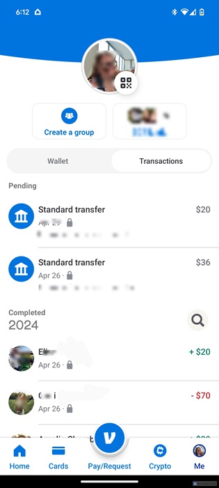 Venmo app on a mobile device with a list of transactions.