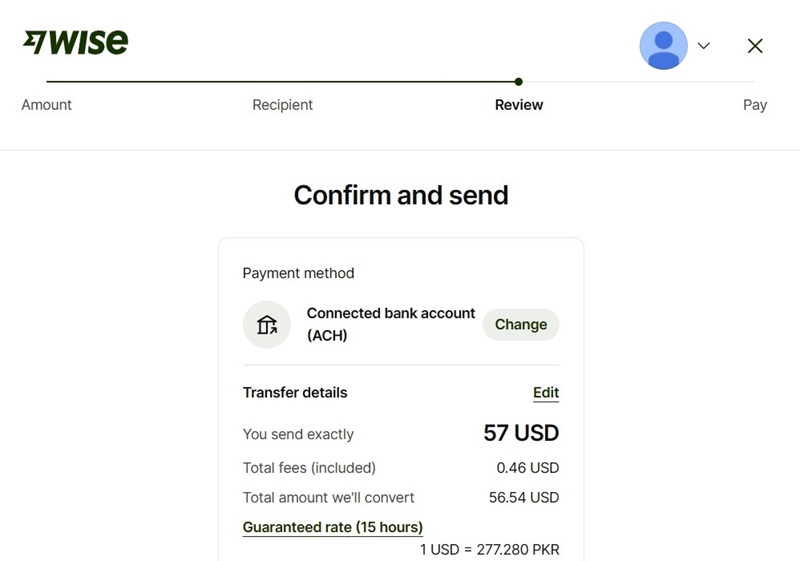 Confirming Wise transfer via overseas payment with currency conversion rates.