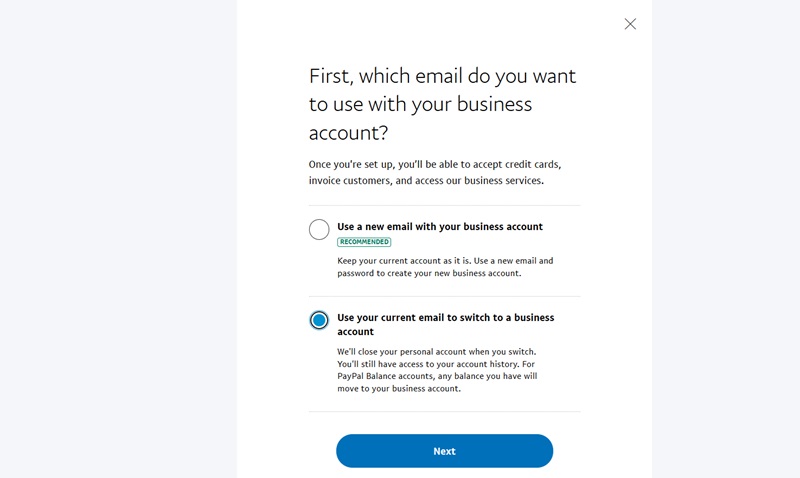 Migrating an existing email from PayPal Personal to PayPal Business account.