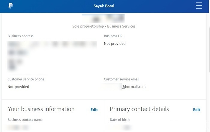 Business information details inside PayPal dashboard.