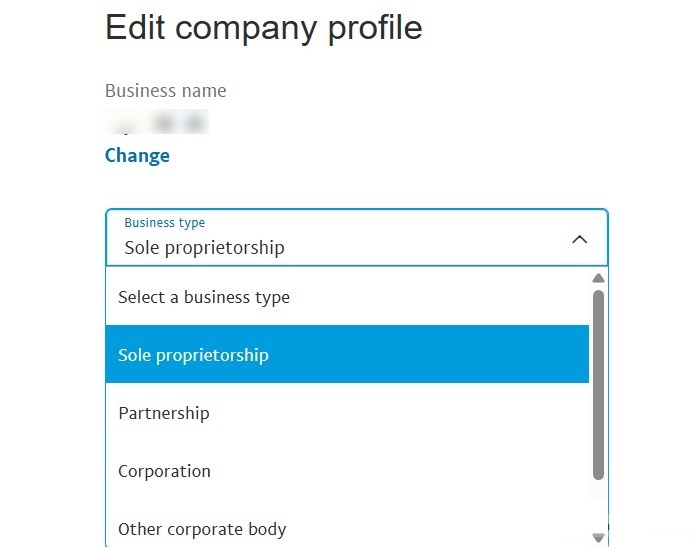 Choosing a PayPal Business Type.