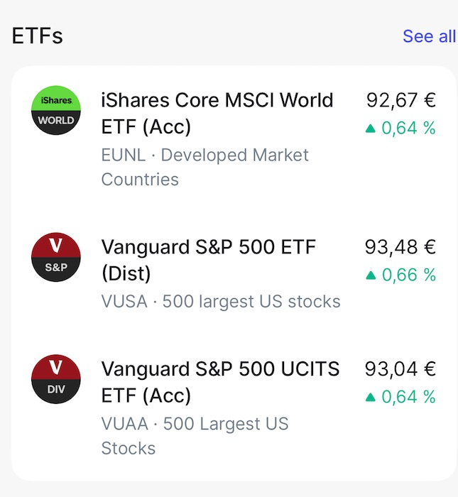 A list of ETFs in the Revolut app