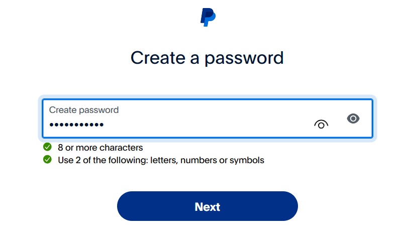 Creating a valid alphanumeric-symbol password on your new PayPal account.