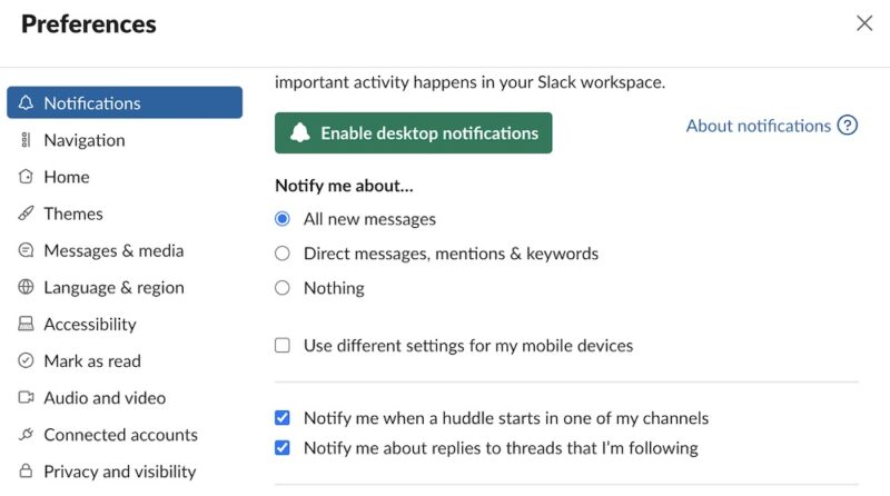 Notification settings in the Slack app
