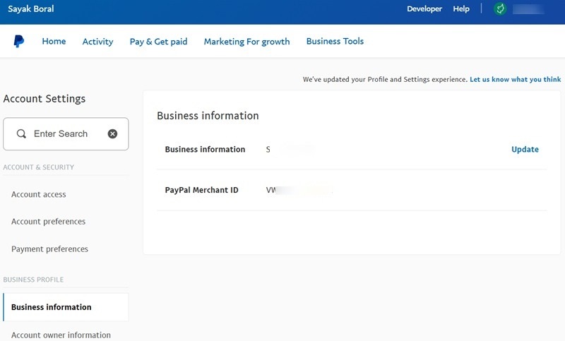 An example of a PayPal business account with business information and PayPal Merchant ID.