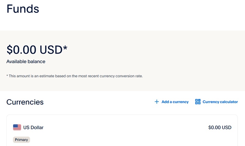PayPal dashboard shows how to add a new currency in Funds section.