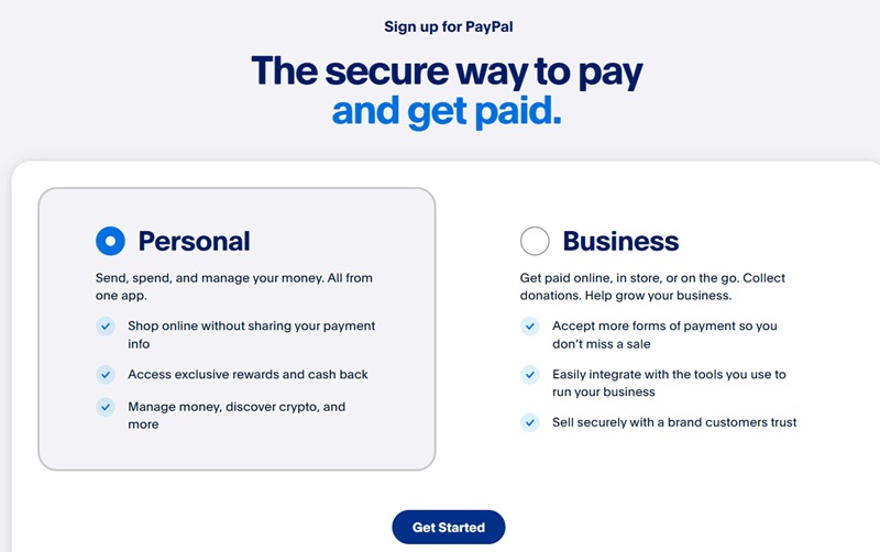 Signing up for a free PayPal personal account for new users.