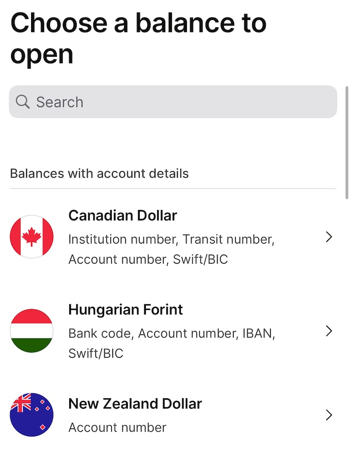 list of currency accounts you can open in the wise app