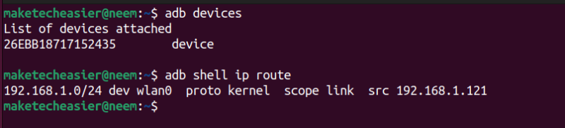 adb devices and adb shell ip route commands output