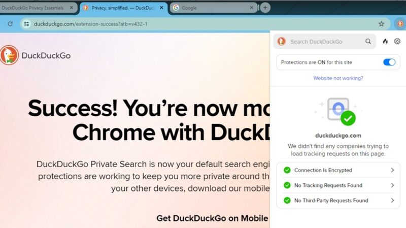 DuckDuckGo Chrome privacy extension showing that protections are on.