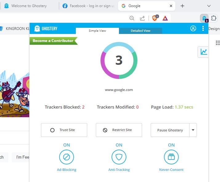 Ghostery Chrome security extension showing trackers blocked on Google.