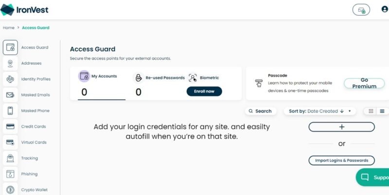 IronVest's main dashboard to set up account security.
