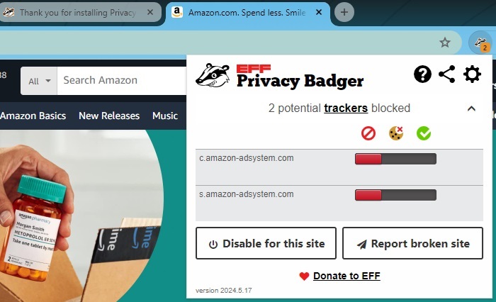 Using Privacy Badger, one of the top Chrome privacy extensions, to block trackers on Amazon.