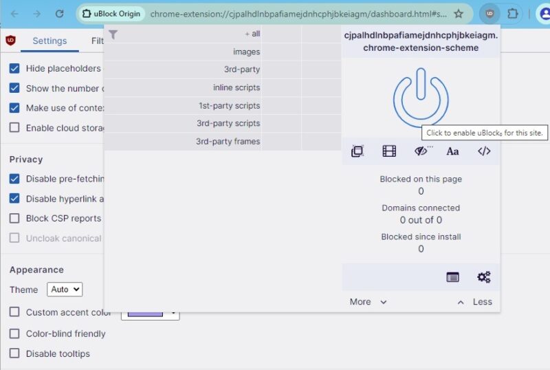 Using the uBlock Origin Chrome security extension to block ads, trackers, and more.
