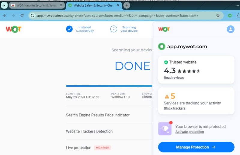 Using WOT to determine the safety of a website before interacting with it.