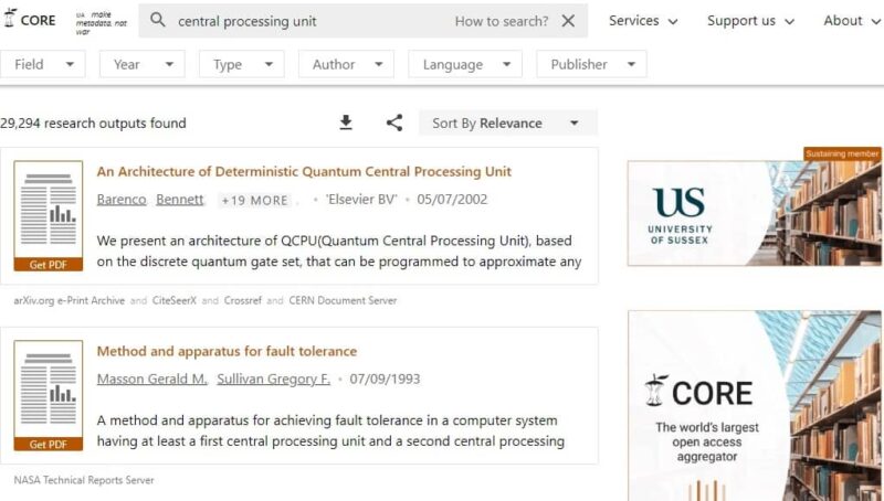 Using CORE, one of the top education search engines, to research CPUs.