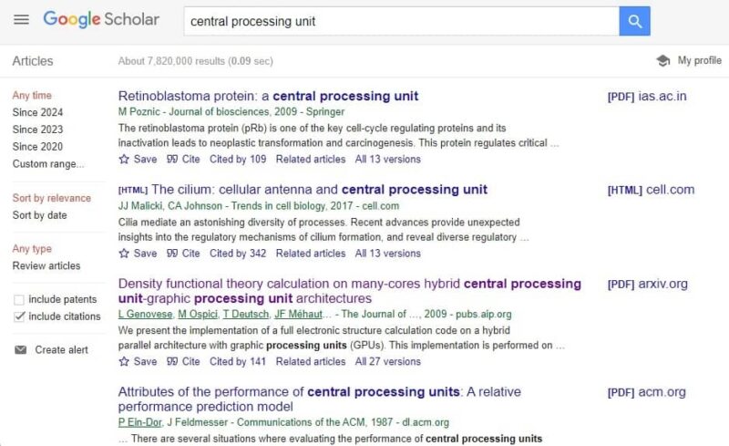Using Google Scholar search engine for academic research about CPUs. 