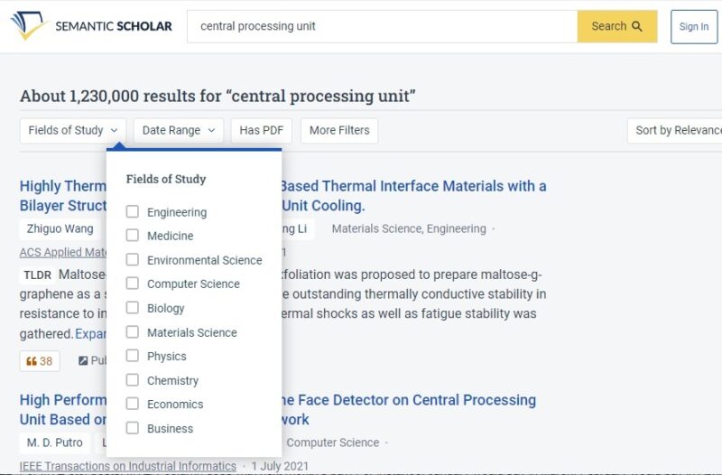 Filtering results on Semantic Scholar by field of study.