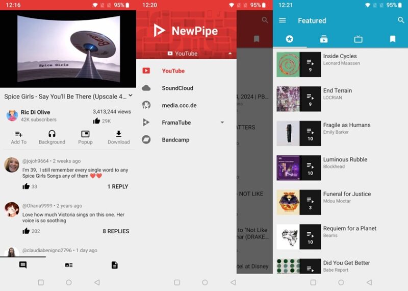 NewPipe app interface overview.