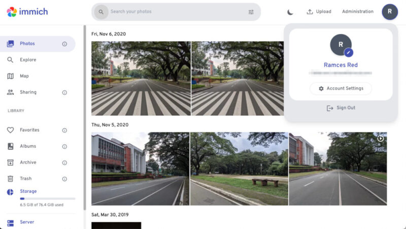 main homepage of the immich self-hosted photo manager