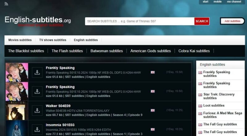 Using English Subtitles to download subtitles from new TV shows and movies.