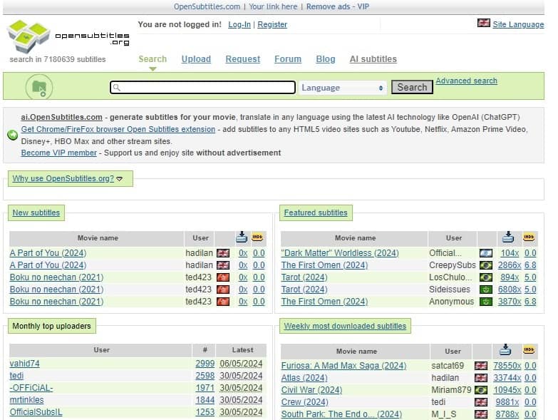 Browsing latest subtitles to download on OpenSubtitles.