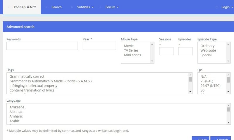Using the advanced search filters on Posnapisi to download subtitles.