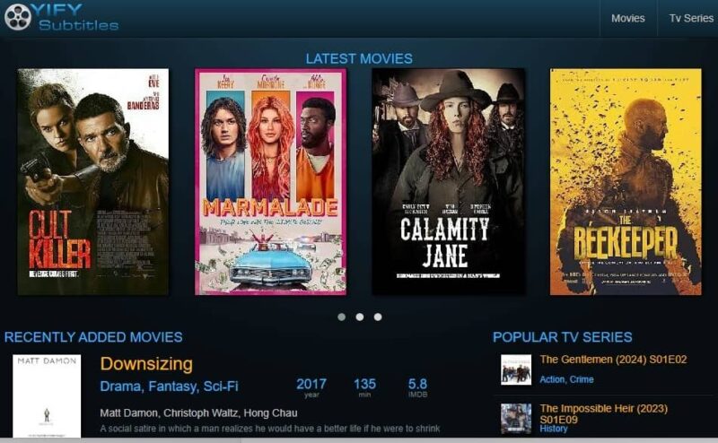 Browsing the latest movies with subtitles on YIFY.