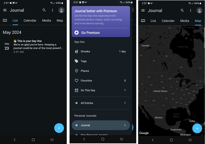 The List, Map, and Menu sections of the Day One travel journal app.