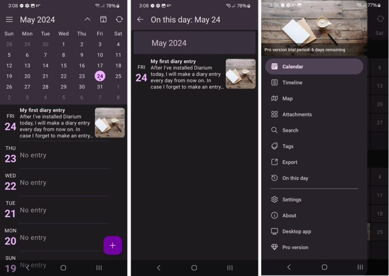 Diarium travel app showing the timeline, on this day, and main menu screens.