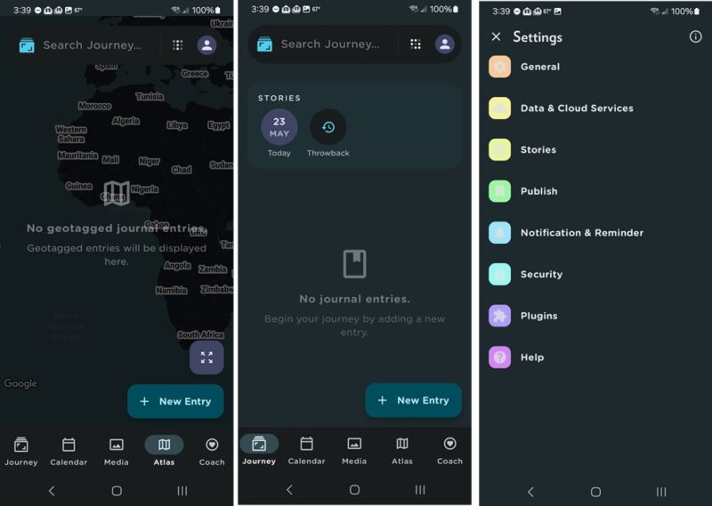 Journey, one of the best customizable travel journal apps, showing the map, posts, and settings screens.