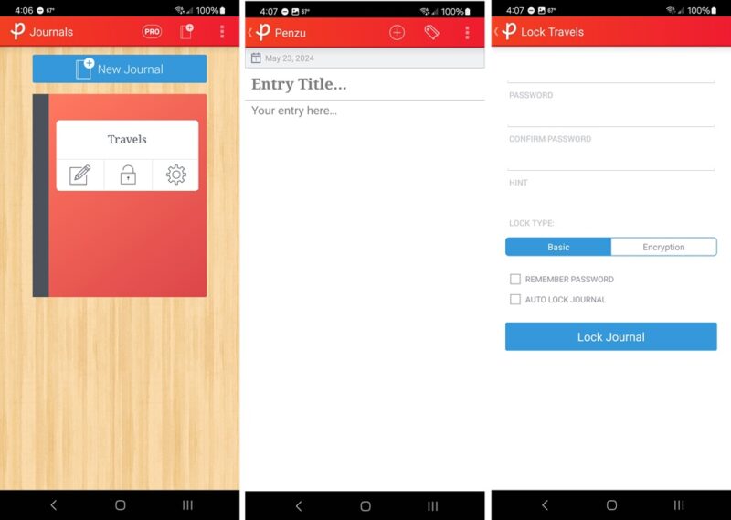 Penzu journaling app showcasing the Journal, Entry, and Encryption pages.