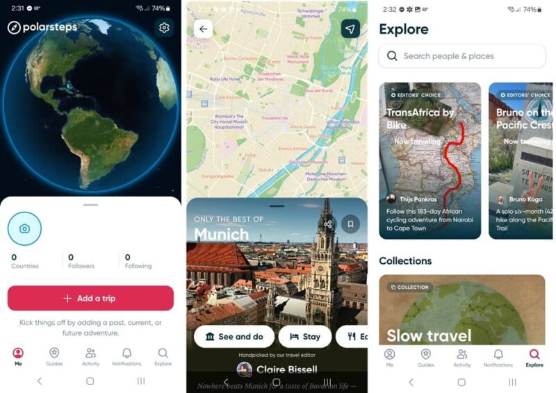 Exploring new places on the Polarsteps app, showing the main screen and explore pages.