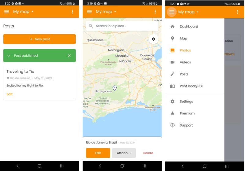 The Posts, Map, and Main Menu of the TravelMap web app.