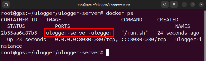 A terminal highlighting the running ulogger-server Docker container.