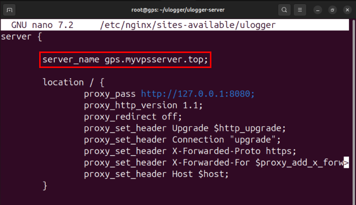 A terminal highlighting the server_name variable on the Nginx site config file for ulogger.