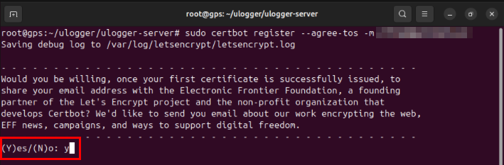 A terminal highlighting the prompt for the Certbot newsletter registration.