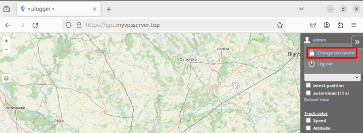 A screenshot showing the location of the "Change password" prompt inside ulogger.