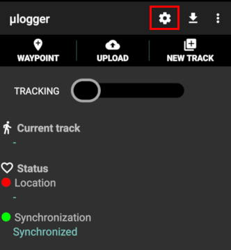 A screenshot highlighting the gear icon on ulogger's mobile app.