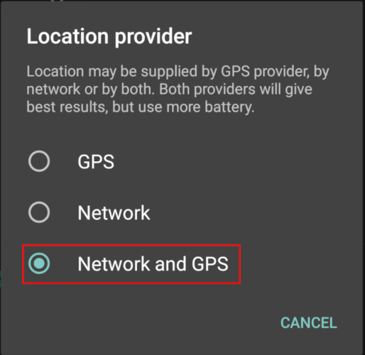 A screenshot highlighting the "Network and GPS" option for ulogger's geolocation data source.