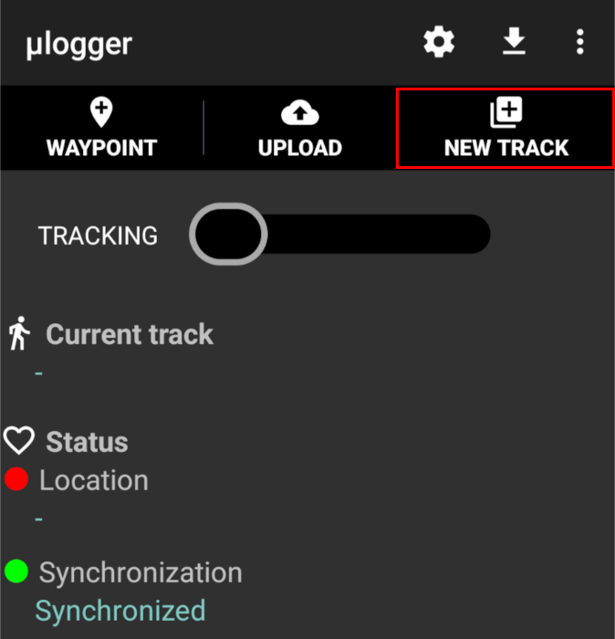 A screenshot highlighting the "New Track" option on the ulogger mobile app.