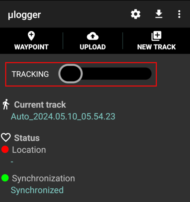 A screenshot highlighting the "Tracking" switch for the ulogger mobile app.
