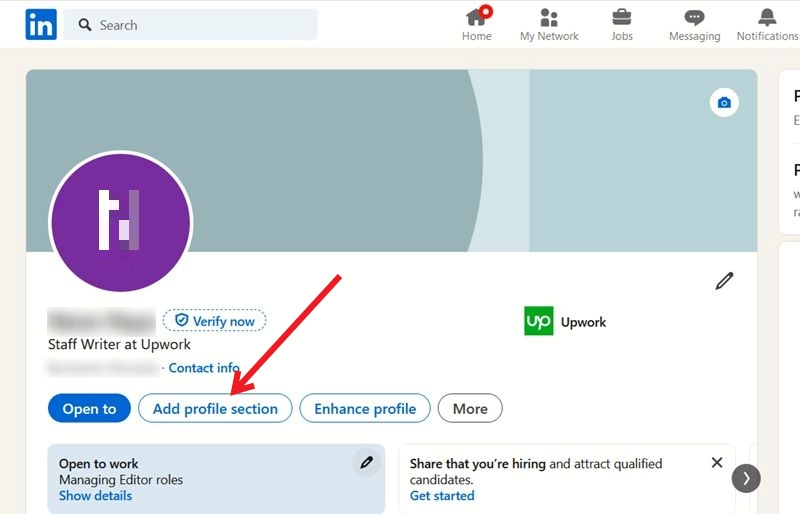 Clicking on "Add profile section" to start adding information to your LinkedIn profile. 
