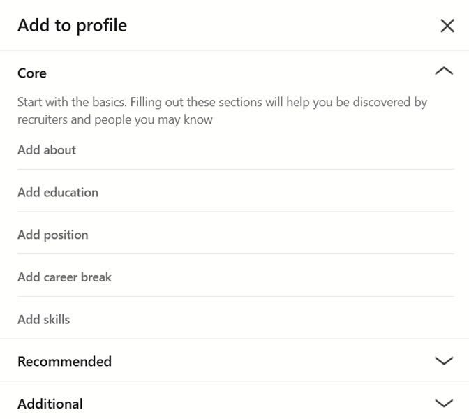 Menu that lets you add professional information on LinkedIn profile. 