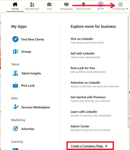 Pressing on "Create a Company Page" button on LinkedIn. 