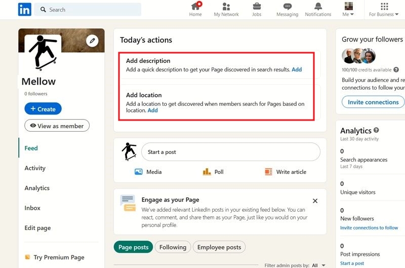 Adding description and location to LinkedIn company page.