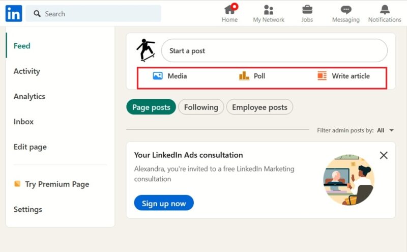 Post types available to create in LinkedIn company page.