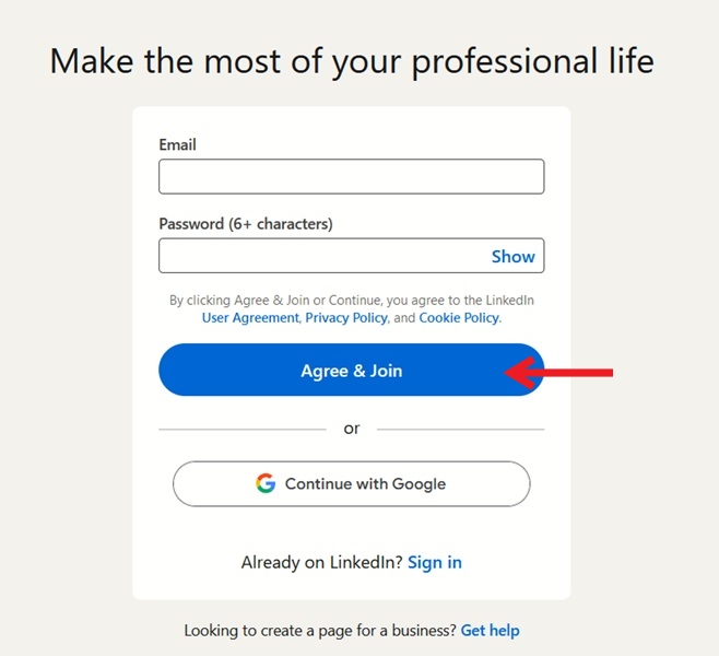Inputting email and password for new LinkedIn account.